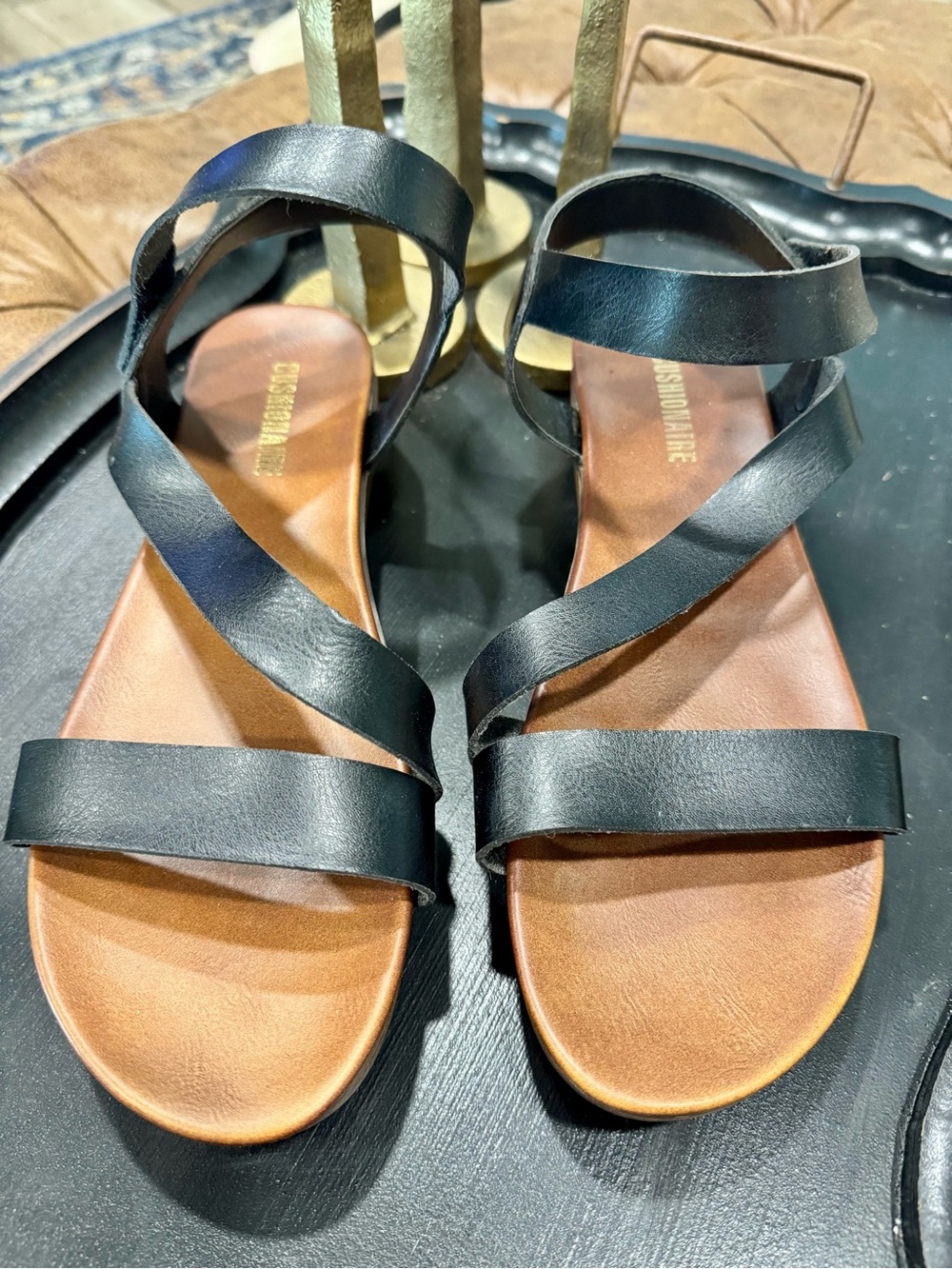 Cushionaire Black Strappy Flat Sandals with Ankle Wrap